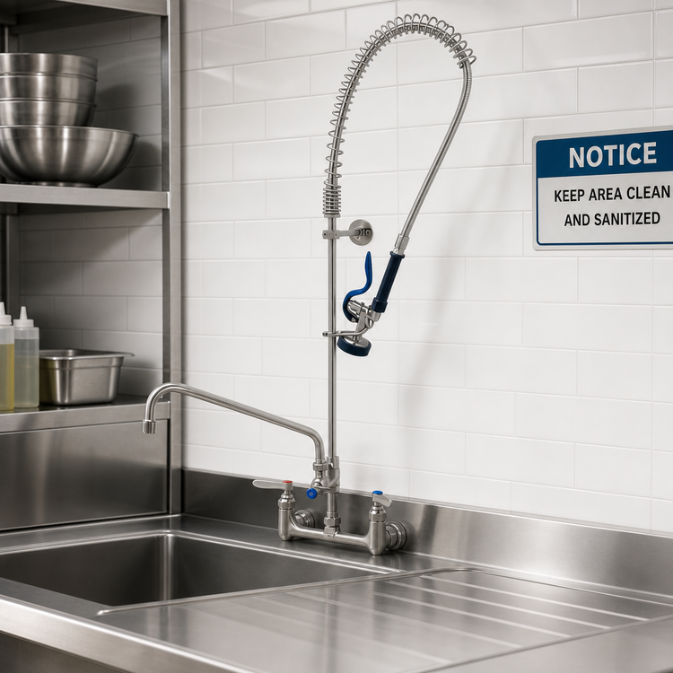 Product image #3 for 8-Inch Wall Mount Pre-Rinse Mixing Faucet with 14-Inch Swing Nozzle, 44-Inch Hose and Blue Spray Valve