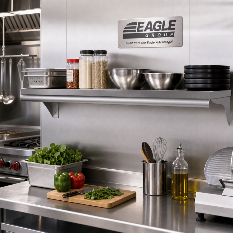 Product image #2 for Eagle Group 48" x 12" Wall-Mounted 16-Gauge 304 Stainless Steel Shelf with Rolled Front Edge