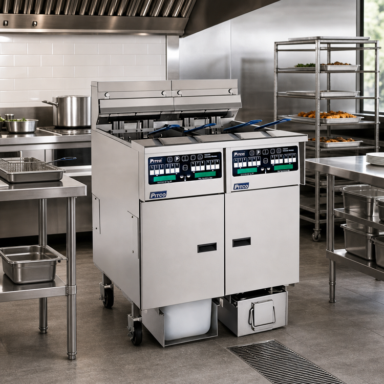 Product image #2 for Pitco Solstice 4-Fryer Electric Reduced Oil Volume Fryer System, 30 lb. Each, Built-In Filter Drawer
