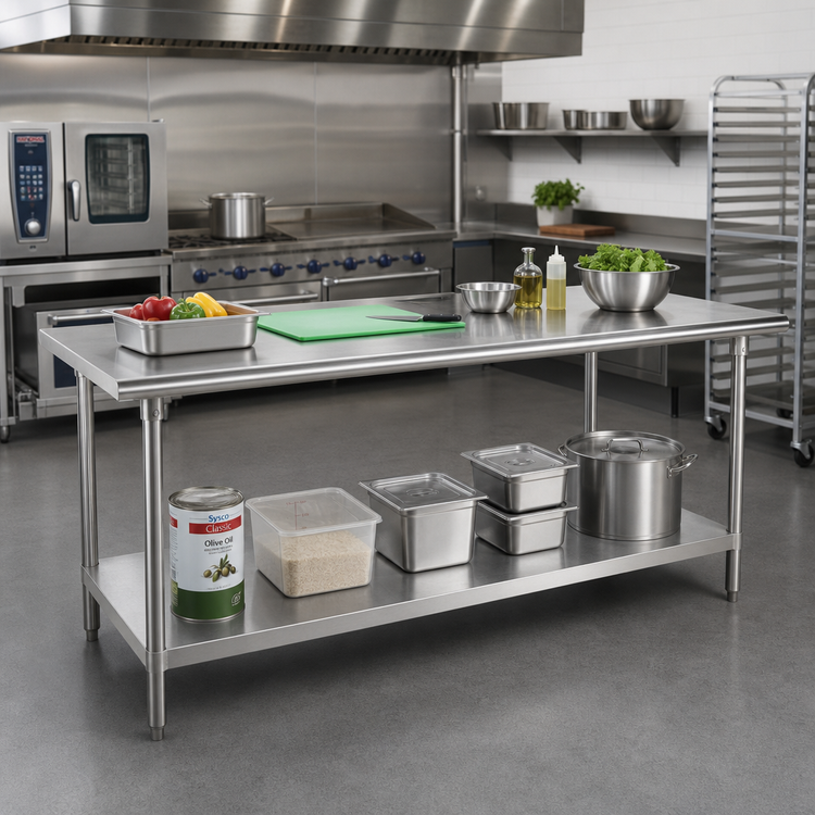 Product image #2 for Advance Tabco 120-Inch x 24-Inch Flat Top Stainless Steel Work Table with Adjustable Undershelf, 16-Gauge 304 Top