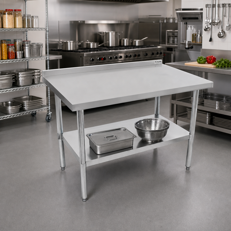 Product image #2 for Stallion 48 Inch x 30 Inch Stainless Steel Budget Work Table with Backsplash, Safety Edge, and Undershelf
