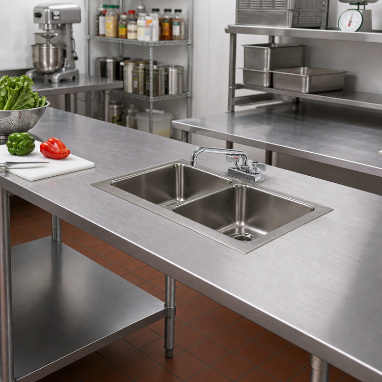 Product image #2 for Advance Tabco TA-11N-2 Double Bowl Welded Sink Into Table Top with Faucet and Basket Drains, 18" x 18" x 14" Bowls