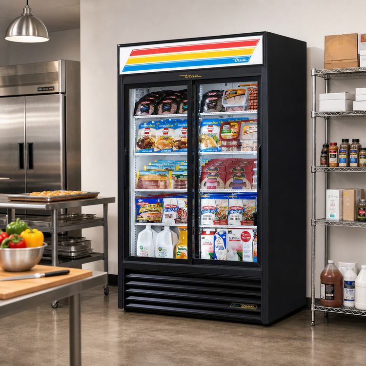 Product image #2 for True GDM-41-HC-LD Two-Section 8-Shelf Sliding Glass Door Merchandiser Refrigerator