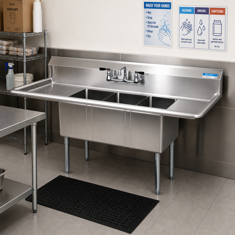 Product image #2 for BK Resources 18-Gauge Stainless Steel Three-Compartment Convenience Store Sink with Dual 15-Inch Drainboards, 60-Inch Wide