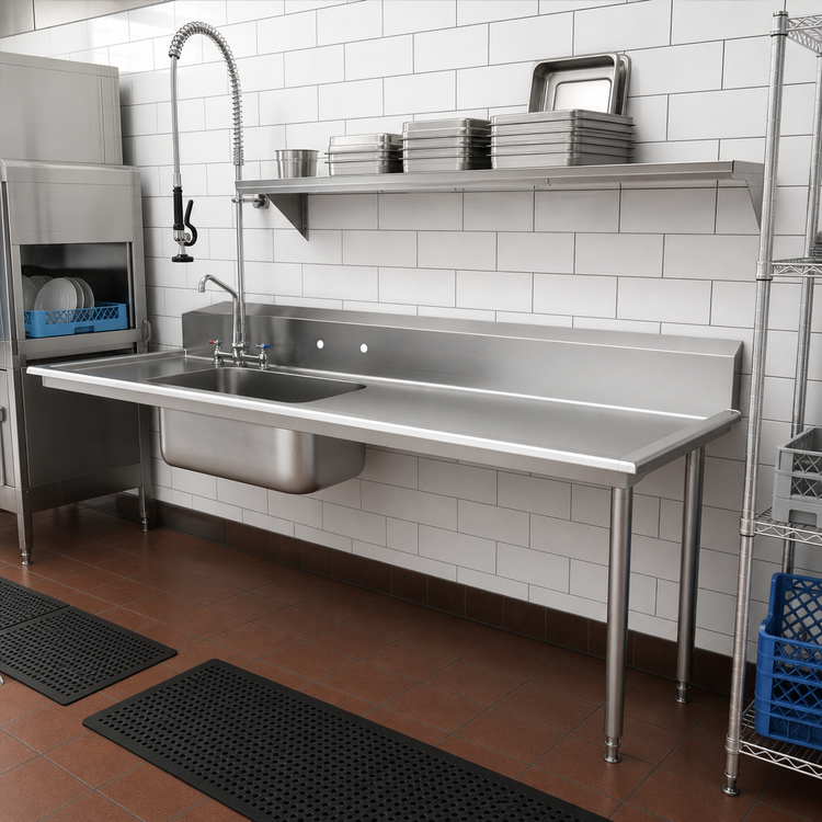 Product image #2 for Advance Tabco Special Value Straight Soil Dishtable with Pre-Rinse Sink, Right-Attach, 83 Inch Wide, 16/304 Stainless Steel