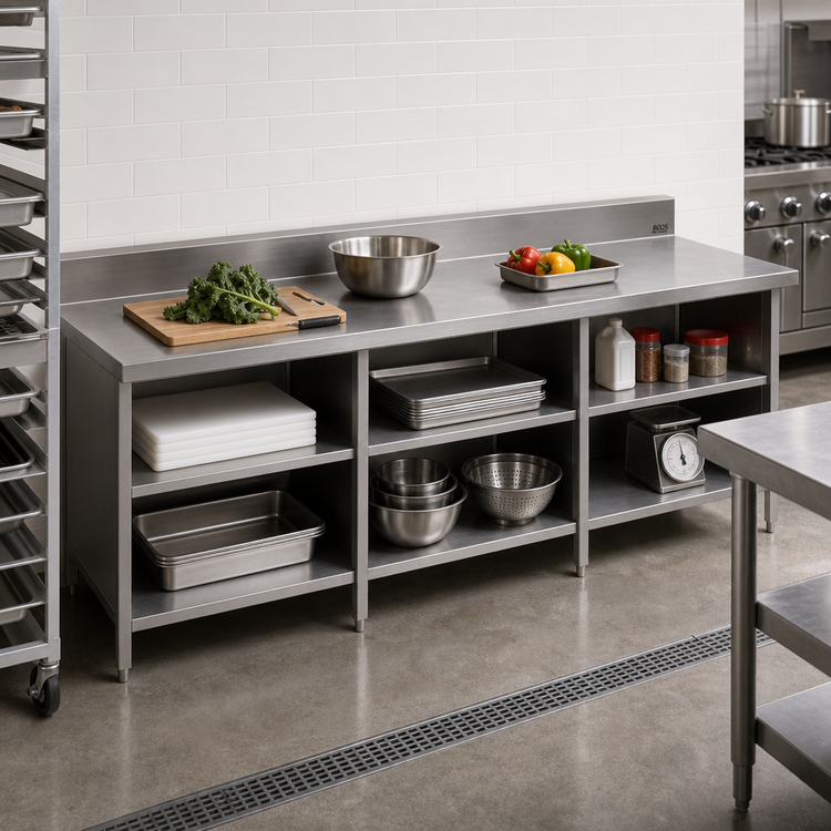 Product image #2 for John Boos Enclosed Base Stainless Steel Work Table with Open Front and 5-Inch Backsplash, 144 x 24 Inches