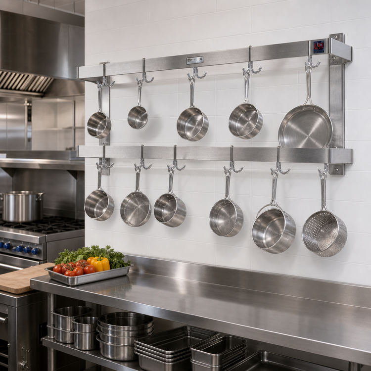Product image #2 for John Boos PRW23 Wall-Mount Double-Bar Stainless Steel Pot Rack, 72 Inch, 12 Hooks