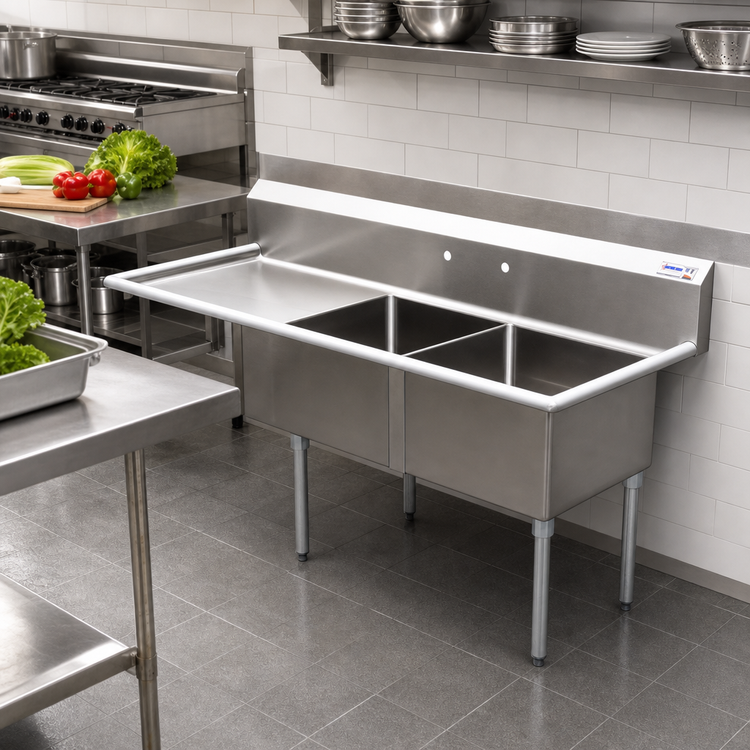 Product image #2 for 2-Compartment Stainless Steel Pot Sink with Left Drainboard and Galvanized Legs