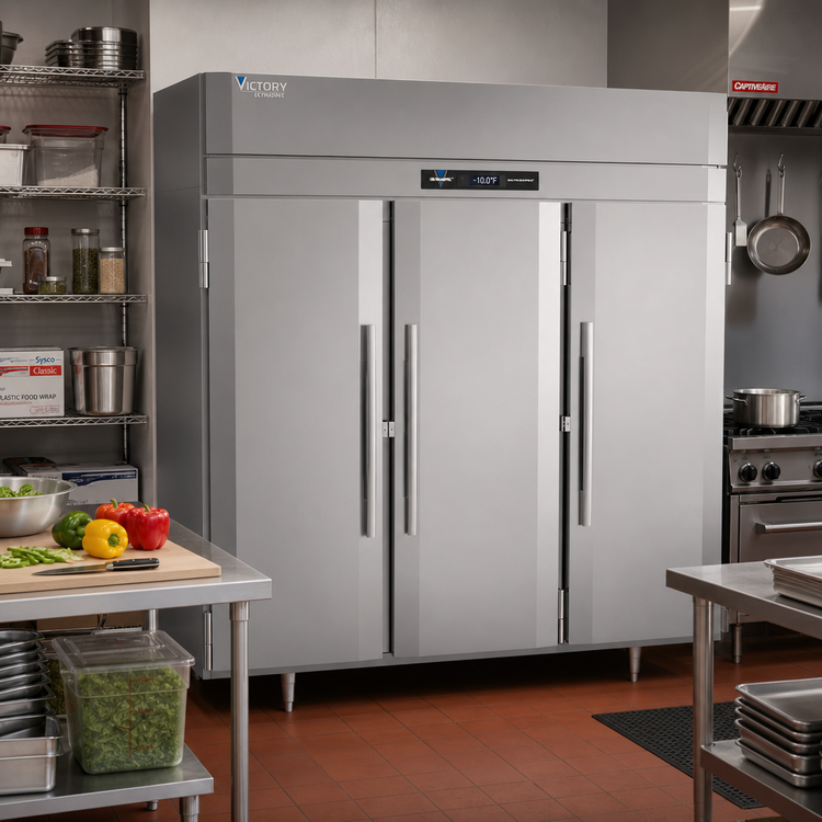 Product image #2 for Victory UltraSpec™ Three-Section Reach-In Freezer, 68.34 Cu. Ft., Solid Hinged Doors, Self-Contained Top-Mounted, Standard Depth