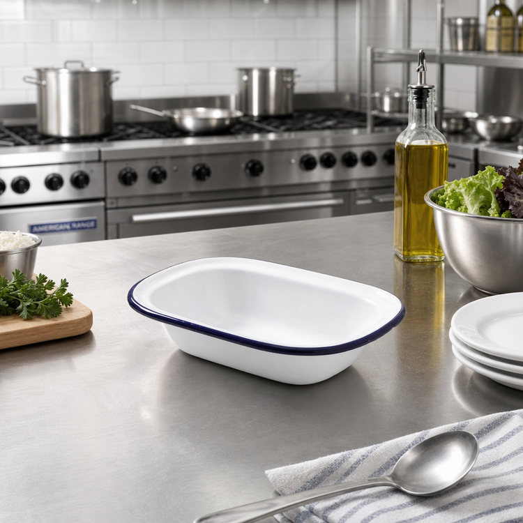 Product image #2 for American Metalcraft Enamelware Oblong Serving Bowl, 16 oz., White with Blue Rim