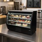 Thumbnail image #2 for Howard-McCray Fogel, Mirage MIRAGE-4-DC-HC-B Full-Service Curved Glass Refrigerated Bakery Display Case, 48.5-Inch, Black, Self-Contained