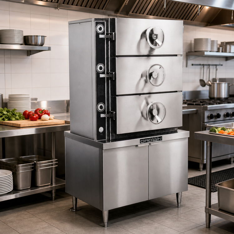 Product image #2 for Crown EC-3 3-Compartment Electric Pressure Steamer with Cabinet Base