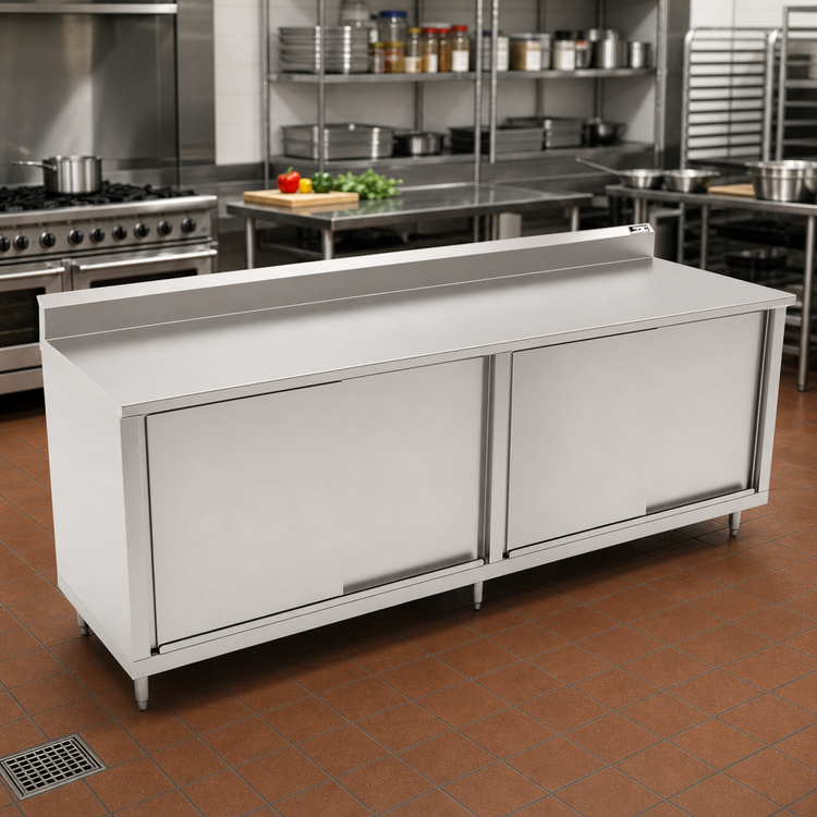 Product image #2 for John Boos 96-Inch x 30-Inch Stainless Steel Enclosed Work Table with Sliding Doors and 5-Inch Backsplash