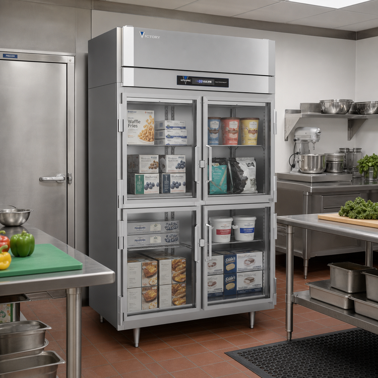 Product image #3 for Victory UltraSpec™ Standard Depth Two-Section Stainless Steel Glass Half-Door Reach-In Freezer, Self-Contained Top-Mounted