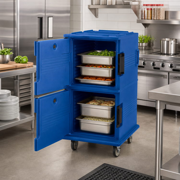 Product image #3 for Cambro Ultra Camcart Front-Loading Double-Compartment Insulated Food Pan Cart with Heavy-Duty Casters, 120 Qt., Navy Blue