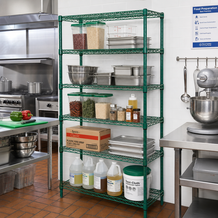 Product image #2 for Quantum 5-Shelf Wire Shelving Starter Kit, 36-Inch W x 12-Inch D x 86-Inch H, Green Epoxy Antimicrobial Finish