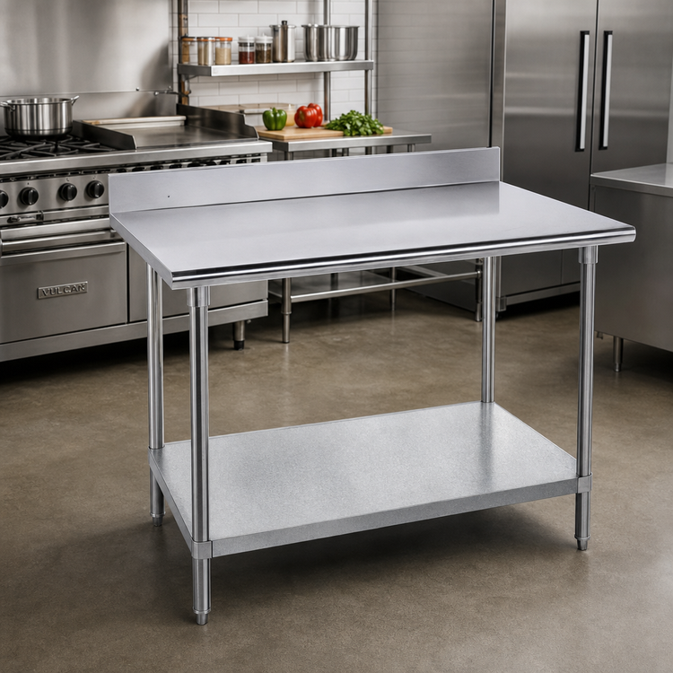 Product image #2 for Advance Tabco 48 Inch x 30 Inch 430 Stainless Steel Work Table with 5 Inch Backsplash and Galvanized Undershelf