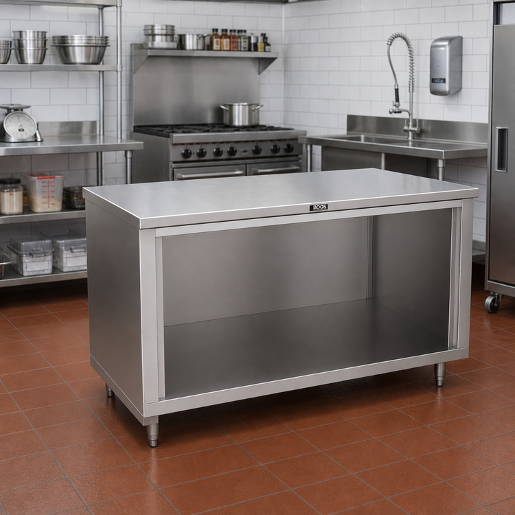 Product image #2 for John Boos 72 Inch x 30 Inch Open Front Stainless Steel Cabinet Base Work Table with Flat Top and Stallion Safety Edge