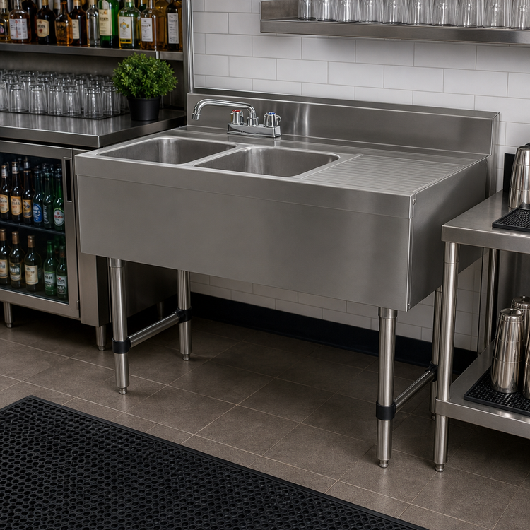 Product image #2 for Advance Tabco Underbar Basics 48-Inch 2-Compartment Stainless Steel Bar Sink with Right Drainboard and Deck Faucet