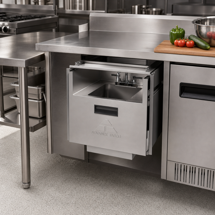 Product image #3 for Advance Tabco Stainless Steel Concealed Under-Table Hand Sink Drawer with Faucet, 10 x 14 x 5 Bowl
