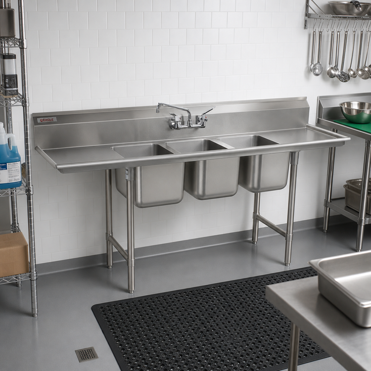 Product image #2 for Eagle Group 414 Series Three-Compartment Sink with 22 x 22 Inch Bowls and 18-Inch Left and Right Drainboards