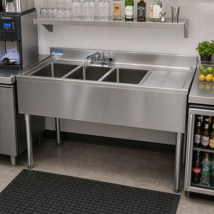 Product image #2 for BK Resources 48-Inch Slim-Line 3-Compartment Stainless Steel Underbar Sink with Right Drainboard