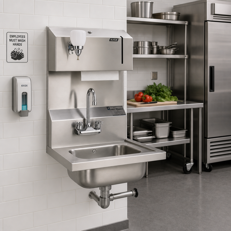 Product image #2 for Wall-Mounted 304 Stainless Steel Hand Sink with Towel & Soap Dispensers, Gooseneck Faucet, and Polymer Lever Drain with Overflow