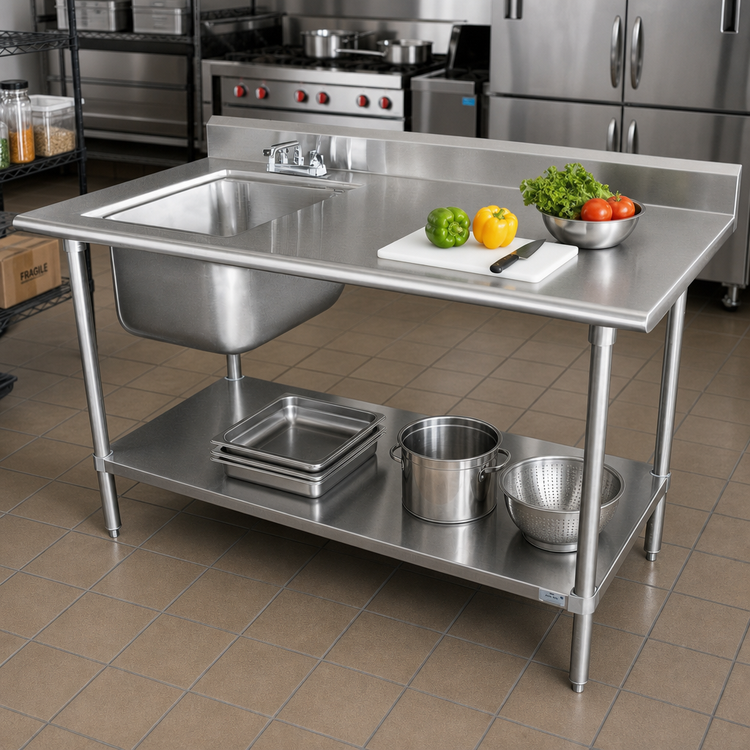 Product image #2 for Advance Tabco 60-Inch x 30-Inch Work Table with Left Prep Sink, 304 Stainless Steel Top and Adjustable Undershelf