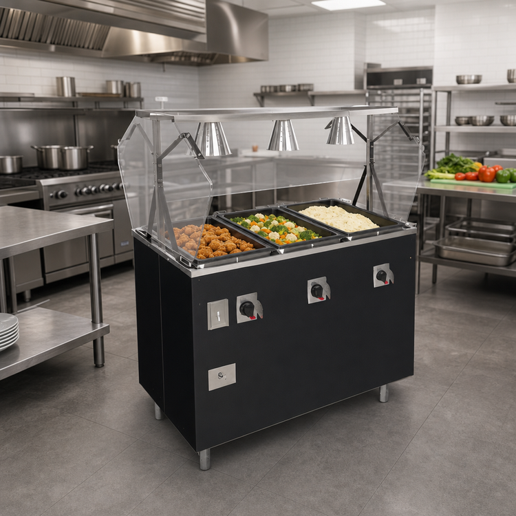 Product image #2 for Vollrath 2-Series Affordable Portable Deluxe 3-Well Mobile Hot Food Station with Breath Guard