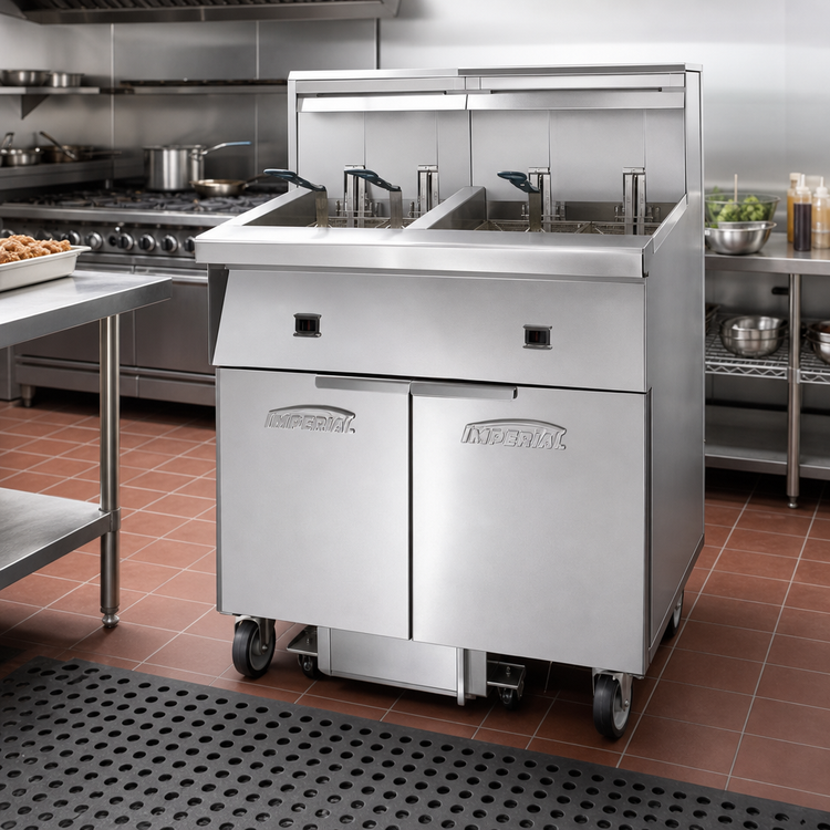 Product image #2 for Imperial Electric Floor Model 4-Tank Battery Fryer with Built-In Space Saver Filter System, 50 lb. per Tank