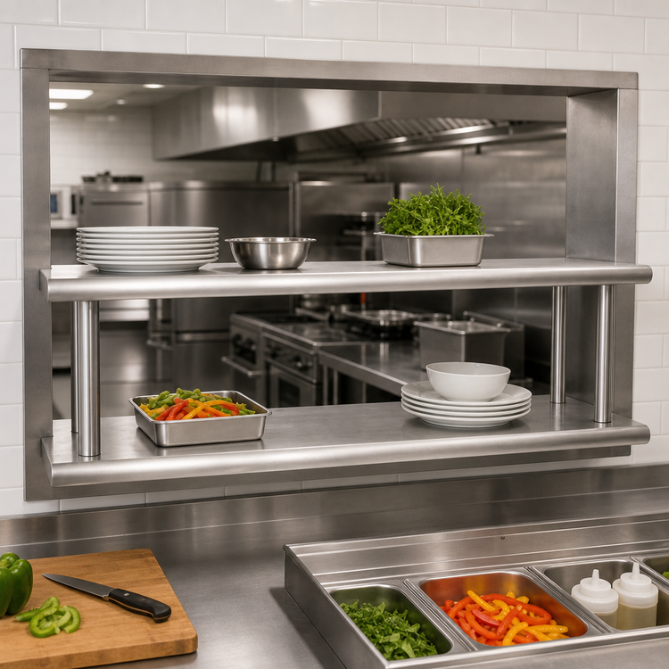 Product image #2 for BK Resources Double Tier Wall-Mounted Pass-Through Shelf, 60 x 18 Inches, 304 Stainless Steel