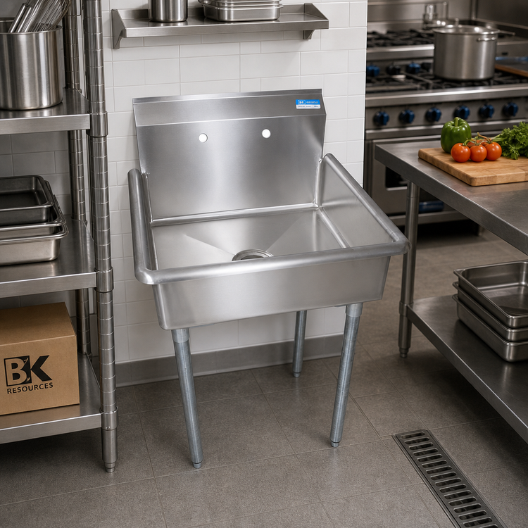 Product image #2 for BK Resources 1-Compartment Stainless Steel Utility Sink with 9-Inch Backsplash and Galvanized Legs