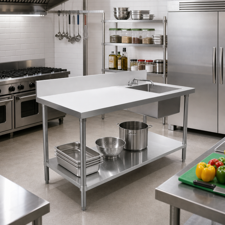 Product image #2 for 60-Inch Stainless Steel Work Table with Right-Side Prep Sink, Undershelf, and 6-Inch Backsplash
