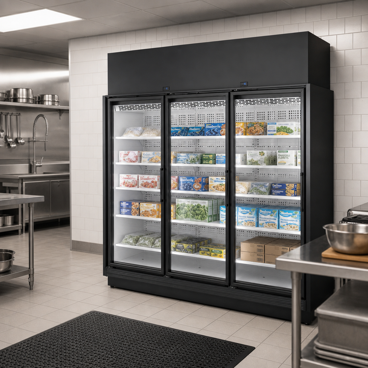 Product image #2 for True 3-Section Low Temp Glass Door Freezer Merchandiser, Self-Contained, Black Exterior / White Interior
