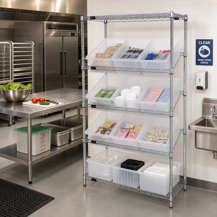 Product image #2 for Quantum Stationary Wire Shelving Bin System with 12 Clear Bins, Chrome Plated, 36 x 18 x 63 Inches