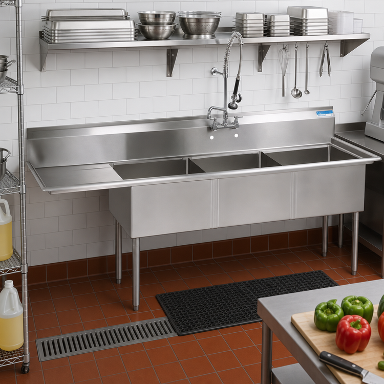 Product image #2 for BK Resources Three-Compartment Sink with 24-Inch Left Drainboard, 18-Gauge 304 Stainless Steel