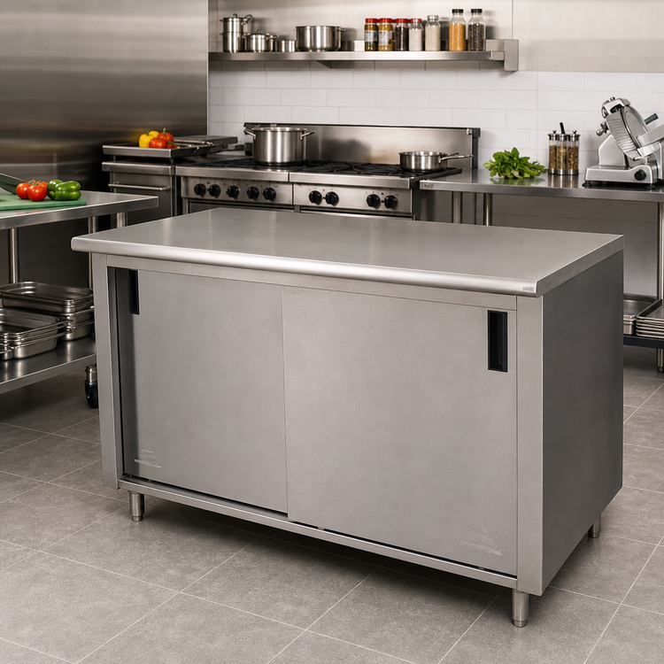 Product image #2 for Advance Tabco Special Value Series Economy Flat-Top Enclosed Work Table with Cabinet Base, Mid-Shelf, and Sliding Doors, 120 x 24 Inches, 16-Gauge 304 Stainless Steel Top
