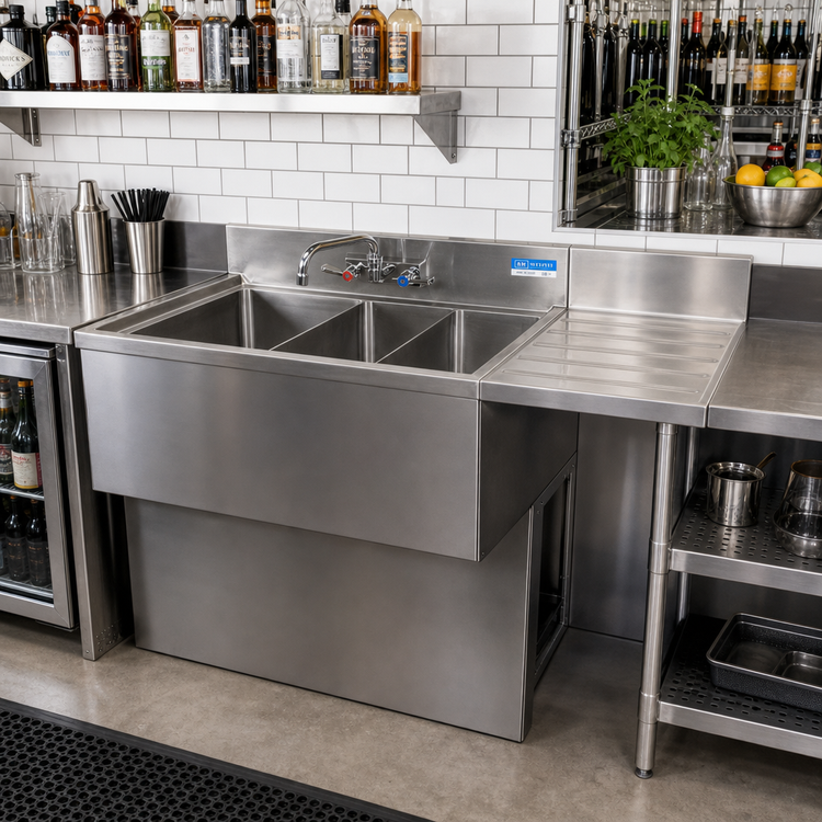 Product image #3 for 48-Inch Slim-Line 3-Compartment Stainless Steel Underbar Sink with Right Drainboard, Backsplash, and Faucet