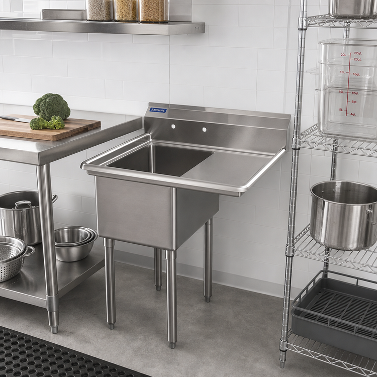 Product image #2 for Sapphire Manufacturing 18-Gauge 304 Stainless Steel 1-Compartment Sink with Right-Hand Drainboard, 32-1/2"W x 20-1/2"D x 44-1/4"H
