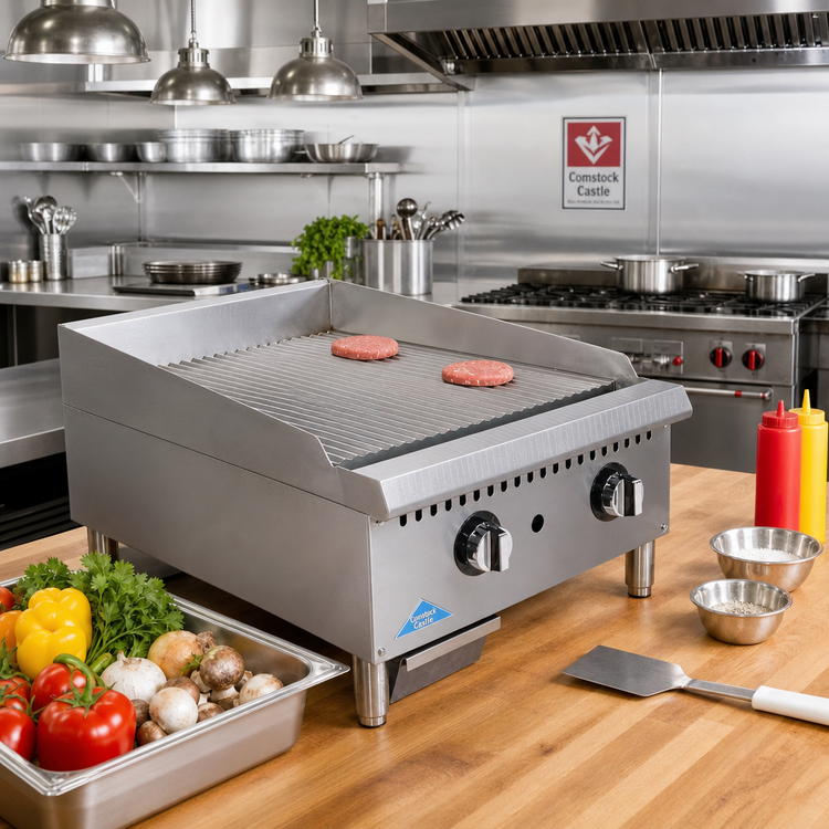 Product image #2 for Comstock-Castle 48-Inch Countertop Gas Griddle with Fully Grooved Polished Steel Plate