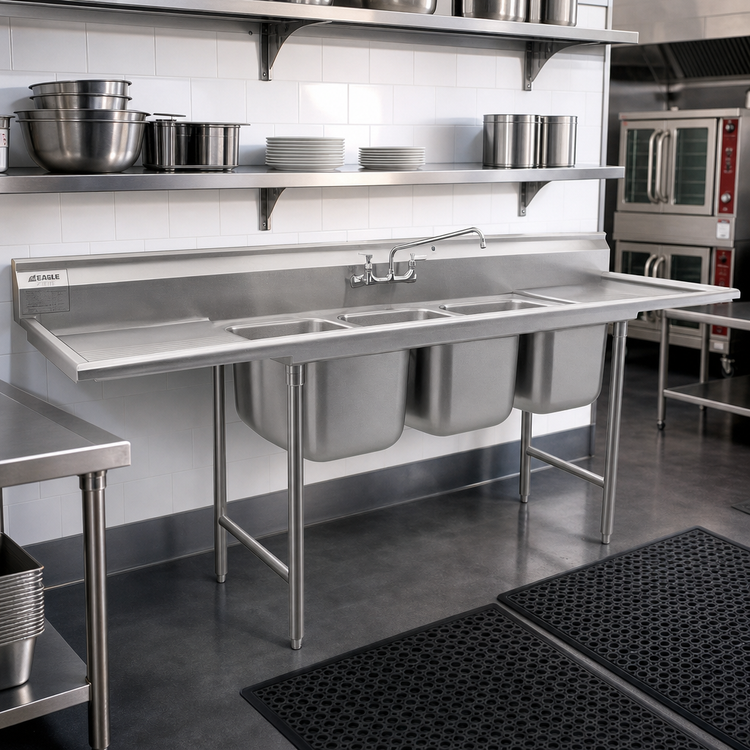 Product image #2 for Eagle Group 314 Series Three-Compartment Sink with Left and Right 24-Inch Drainboards, 102-Inch W x 27-1/2-Inch D, 304 Stainless Steel