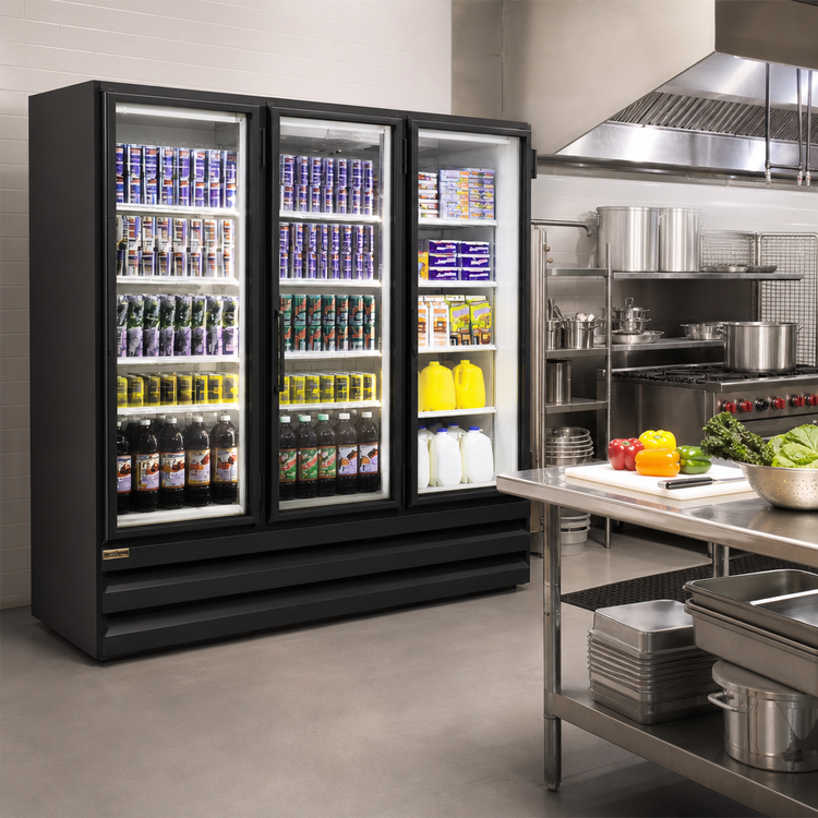 Product image #2 for Howard-McCray Three-Section Bottom-Mount Hinged Glass Door Refrigerator Merchandiser, 65 Cu. Ft., Black