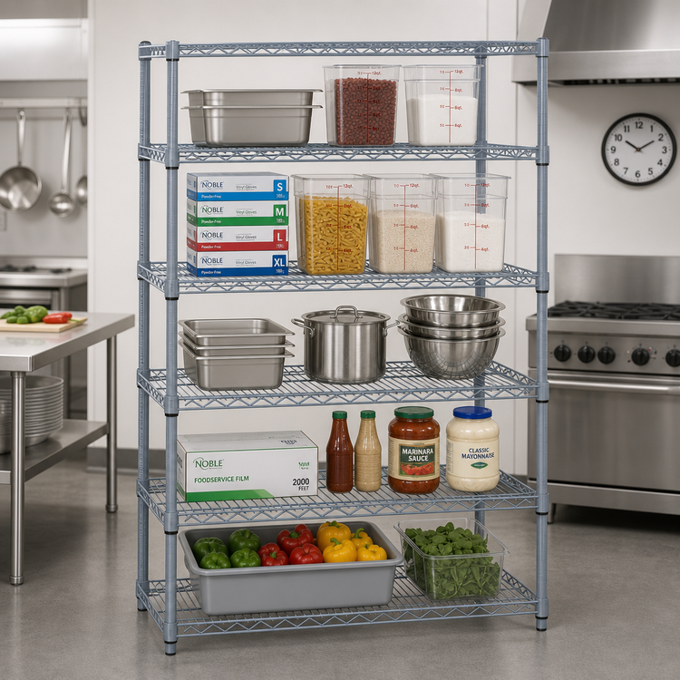 Product image #2 for Quantum Stationary Wire Shelving Starter Kit, 54-Inch Wide x 86-Inch High, 5 Shelves, Gray Epoxy Antimicrobial Finish