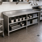 Thumbnail image #2 for John Boos EBOS6R5-30132 Stainless Steel Work Table, 16-Gauge 300-Series Top, Open Front Base, 5-Inch Backsplash, 132 x 30 Inches