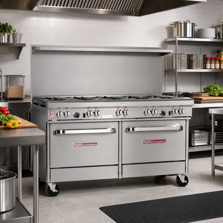 Product image #2 for Ultimate 60-Inch Commercial Gas Restaurant Range with 9 Open Burners, Convection Oven and Cabinet Base
