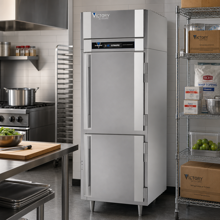 Product image #2 for Victory UltraSpec One-Section Pass-Thru Solid Half-Door Freezer, Self-Contained, Standard Depth, 4 Half Doors