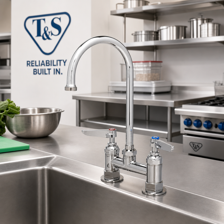 Product image #2 for T&S Brass B-0325-CR Deck Mount Mixing Faucet with 4" Adjustable Centers and 5-3/4" Swivel Gooseneck Spout