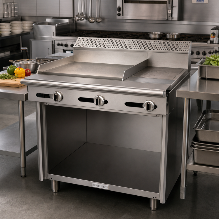 Product image #2 for Garland Cuisine Series 36-Inch Gas Heavy Duty Combination Top Range with Thermostatic 24-Inch Griddle, 12-Inch Hot Top, and Storage Base