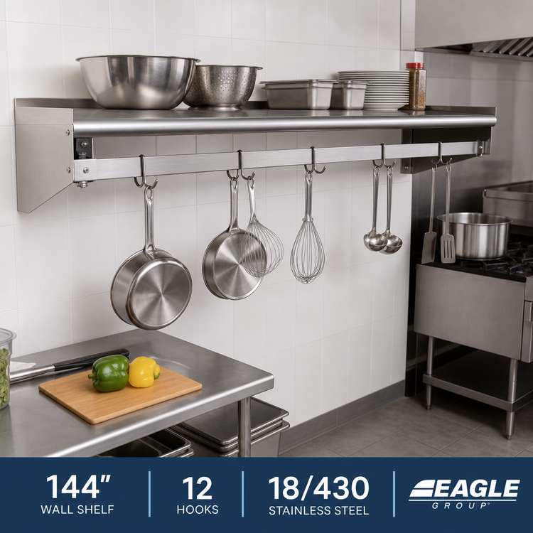 Product image #2 for Eagle Group 144-Inch Wall-Mounted Stainless Steel Wall Shelf with Pot Rack and 12 Hooks