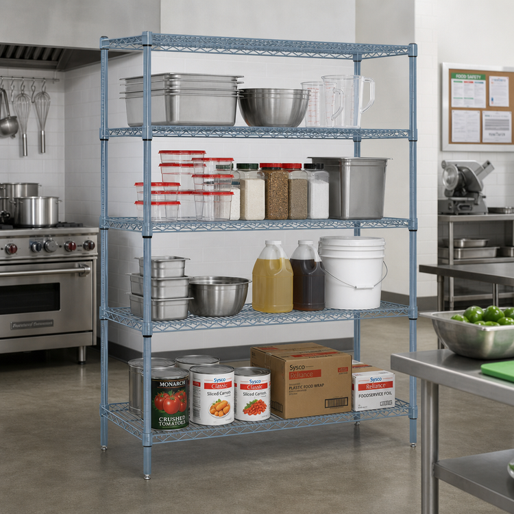 Product image #2 for Quantum Wire Shelving Starter Kit, 72 Inch Wide x 24 Inch Deep x 74 Inch High, 5 Shelves, Gray Epoxy Antimicrobial Finish